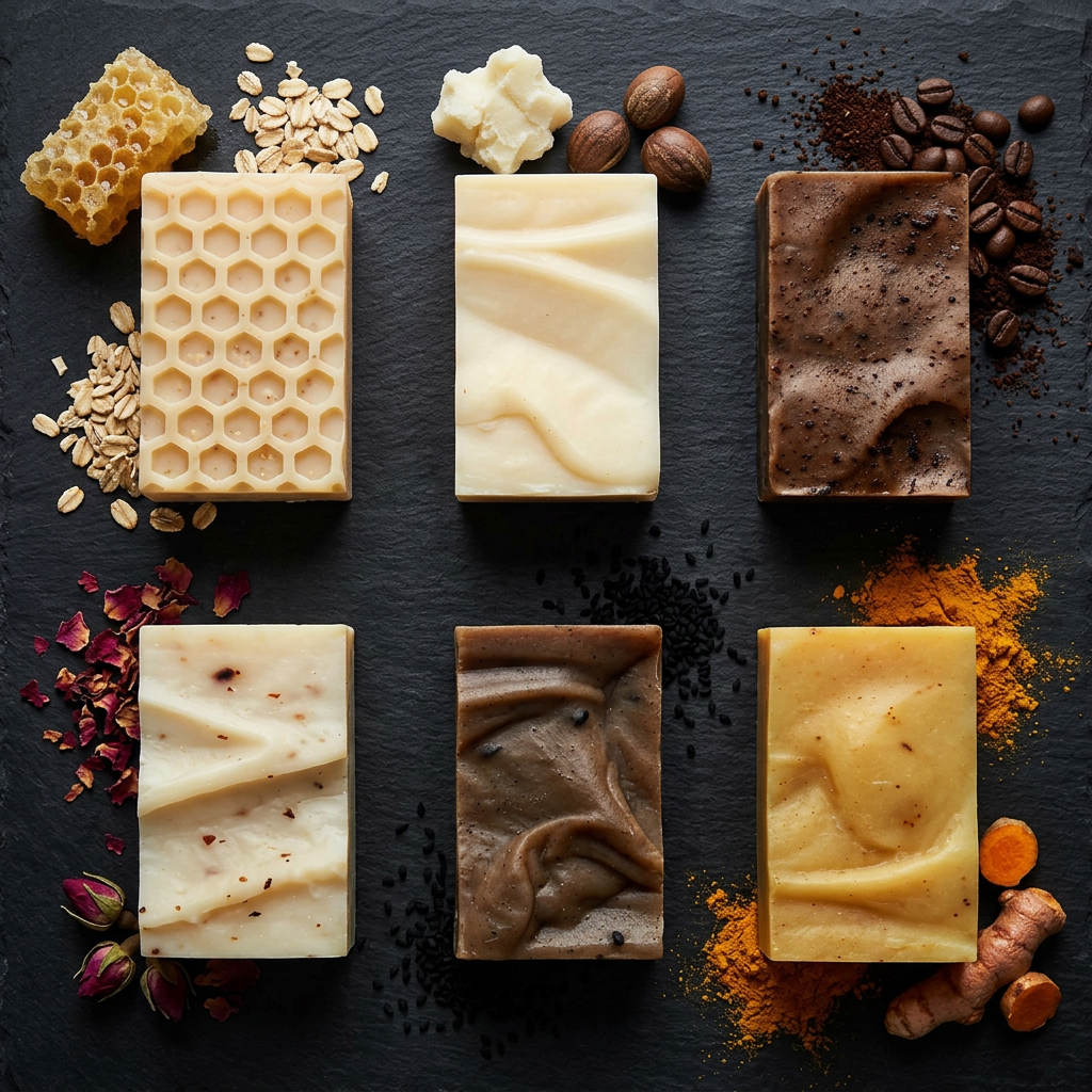 All 6 unwrapped artisan soap bars with raw ingredients in grid flat lay on dark slate