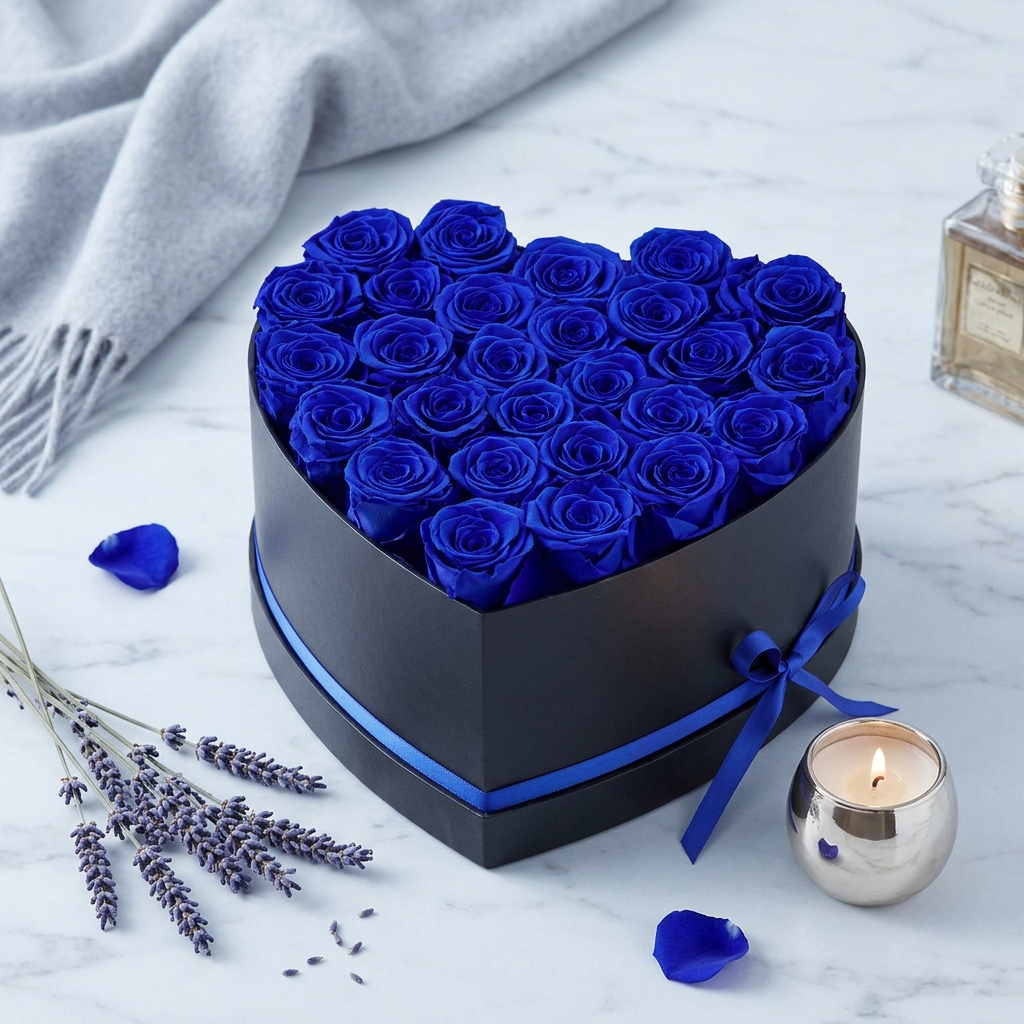Heart-shaped black box with 27 preserved blue roses on white marble beside silver candle and dried lavender