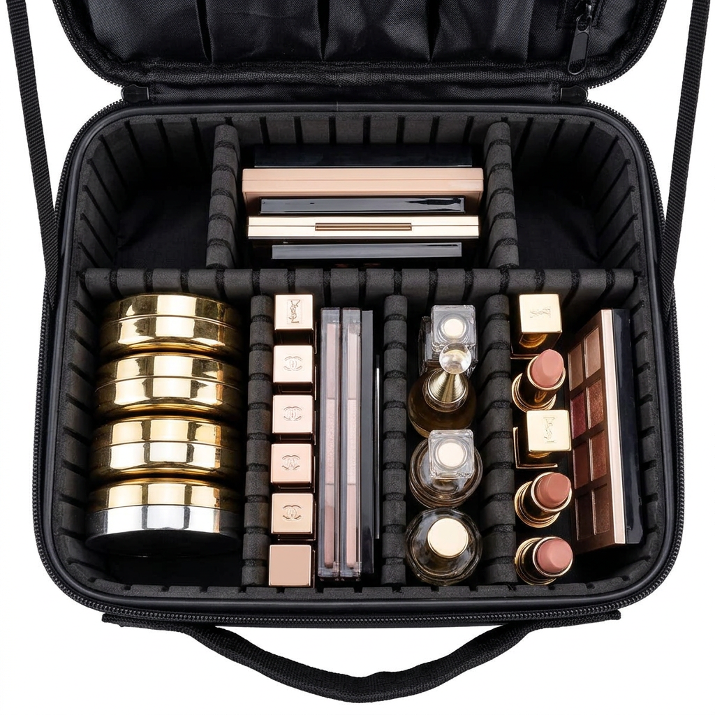 Interior detail of black travel makeup case showing adjustable EVA dividers with luxury cosmetics