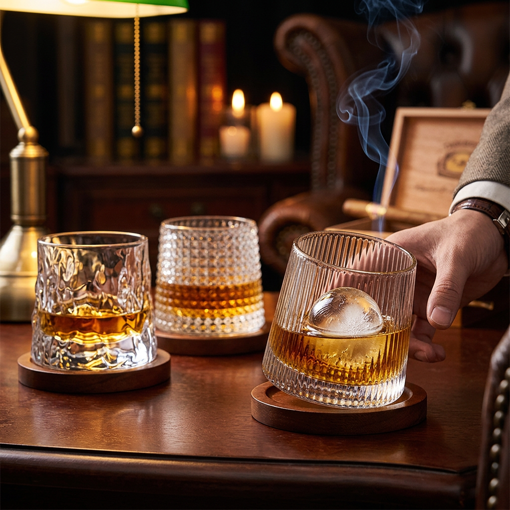 Crystal whiskey glasses ice and smoke luxury
