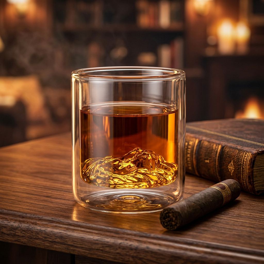 LION double-wall borosilicate whiskey glass on walnut wood with leather book and cigar luxury lifestyle