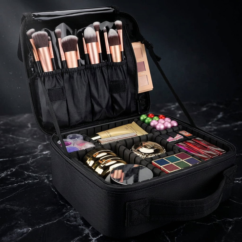 Professional black travel makeup case open on dark marble with rose gold brushes and gold cosmetics