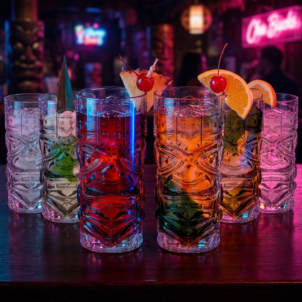 Clear Tiki Glasses Set of 6 with colorful cocktails on a dark mahogany bar top with moody neon lighting bokeh background