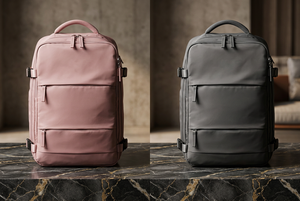 Pink and grey women's travel backpack side by side on dark marble, luxury editorial