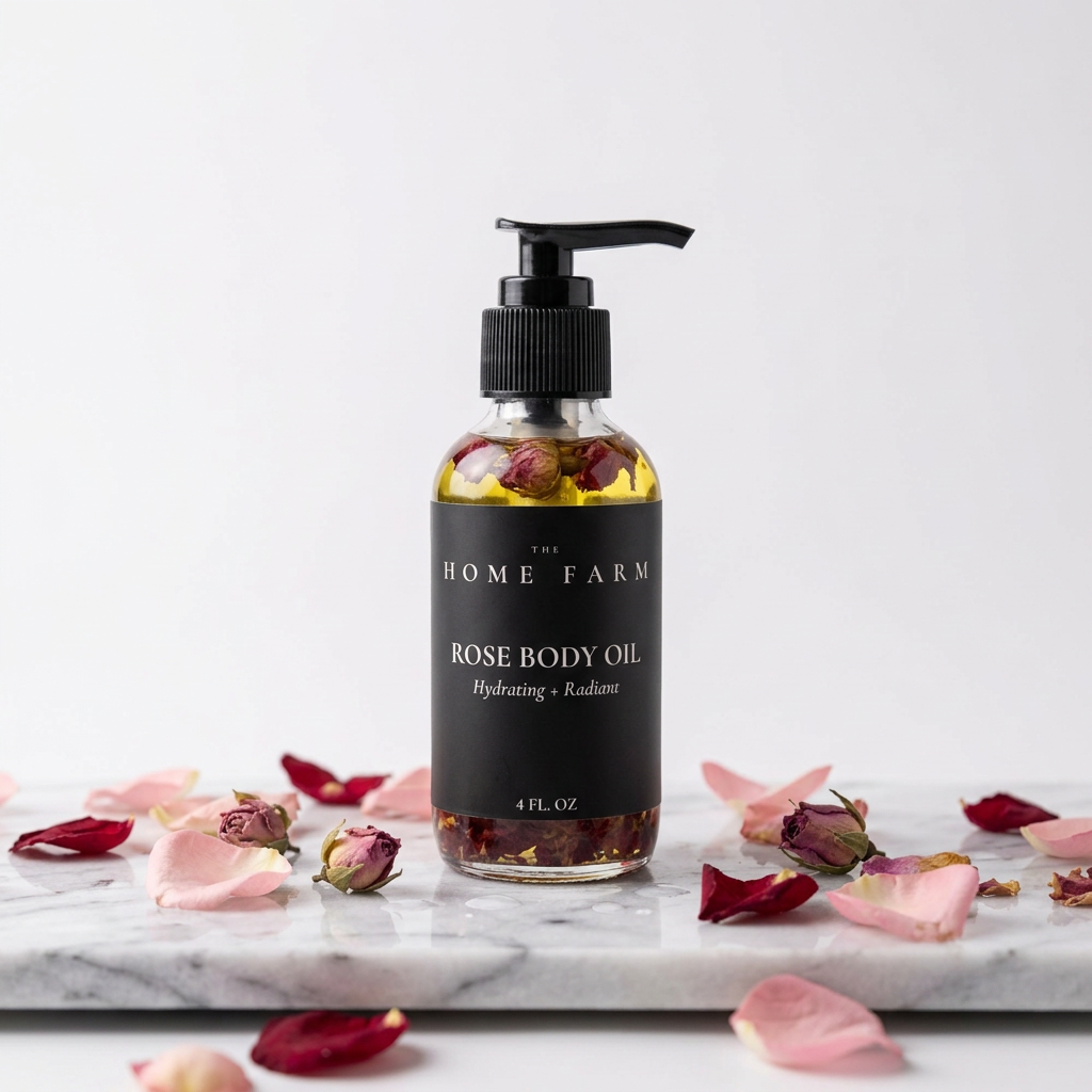 The Home Farm Rose Body Oil on white marble with rose petals – luxury hydrating body oil