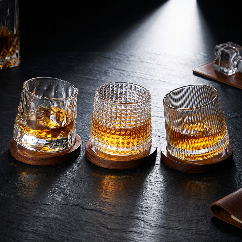 Crystal whiskey glasses slate spotlight luxury