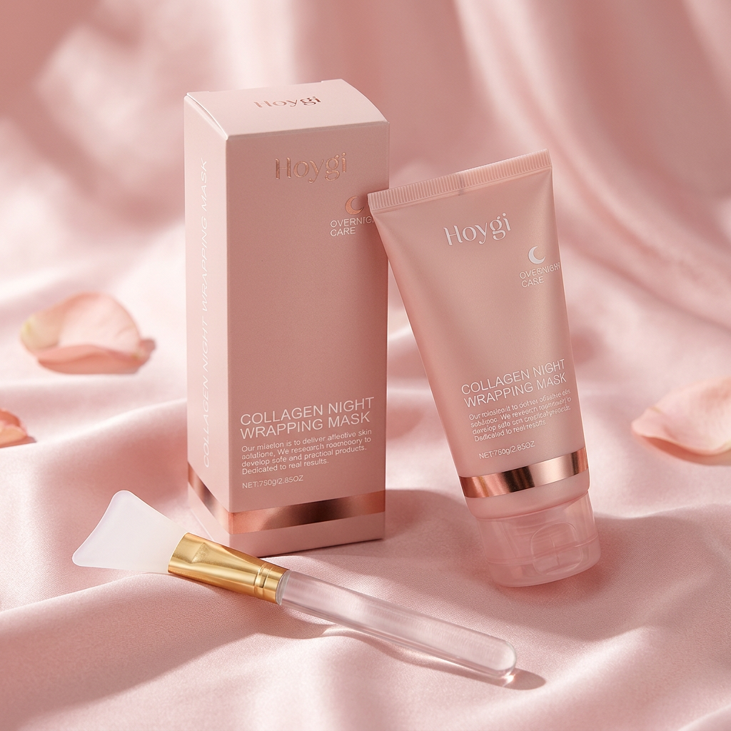 Honju Collagen Mask Set — blush pink tube, box, and silicone brush arranged on soft pink silk with studio lighting