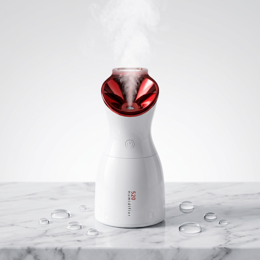 White beauty humidifier with red chrome nozzle on marble surface emitting mist
