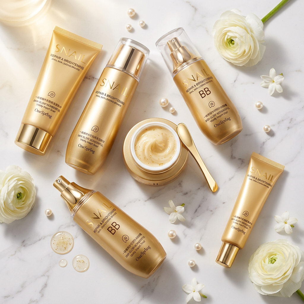 OneSpring Snail Repair & Brightening 6-piece gold skincare set flatlay on marble
