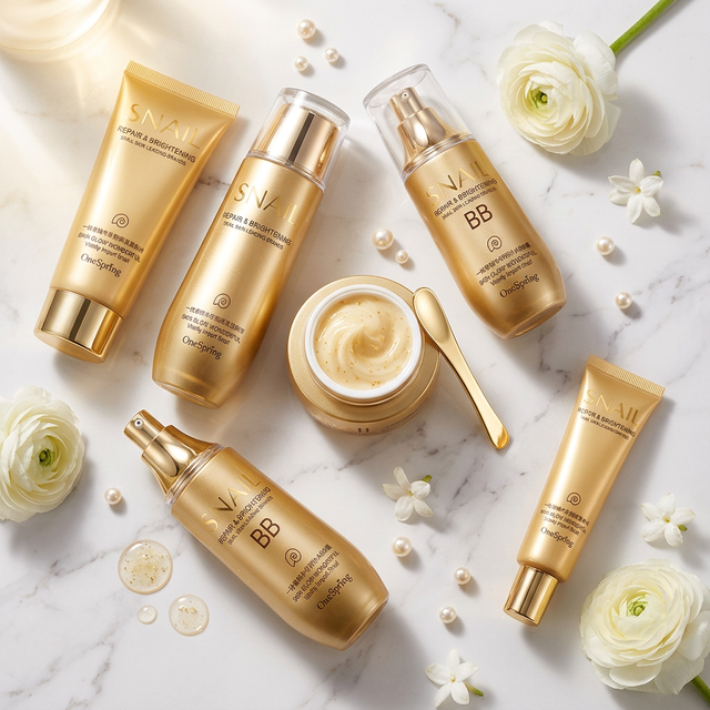 OneSpring Snail Repair & Brightening 6-piece gold skincare set flatlay on marble