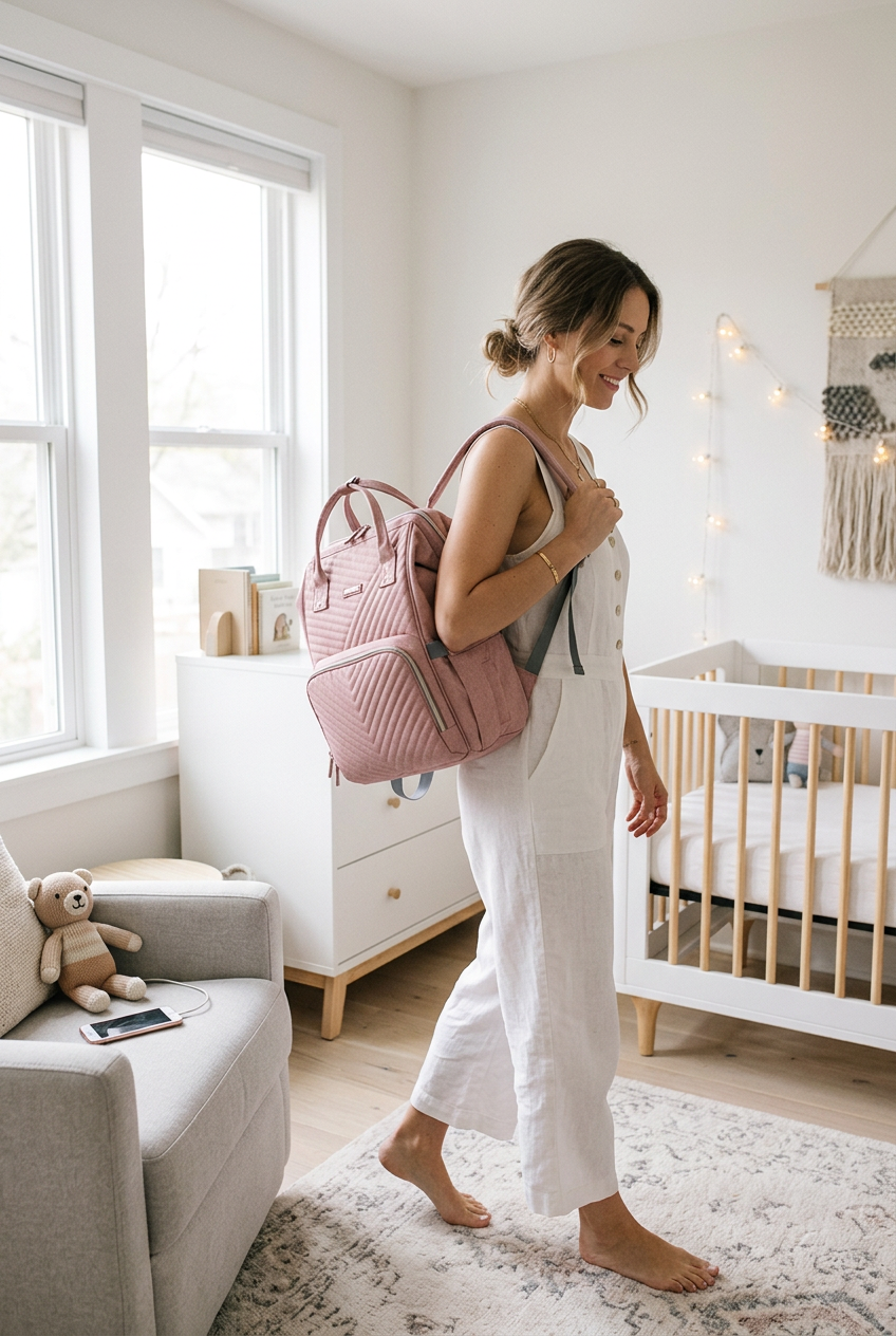Stylish mother in white linen carrying quilted pink mommy backpack in bright Scandinavian nursery