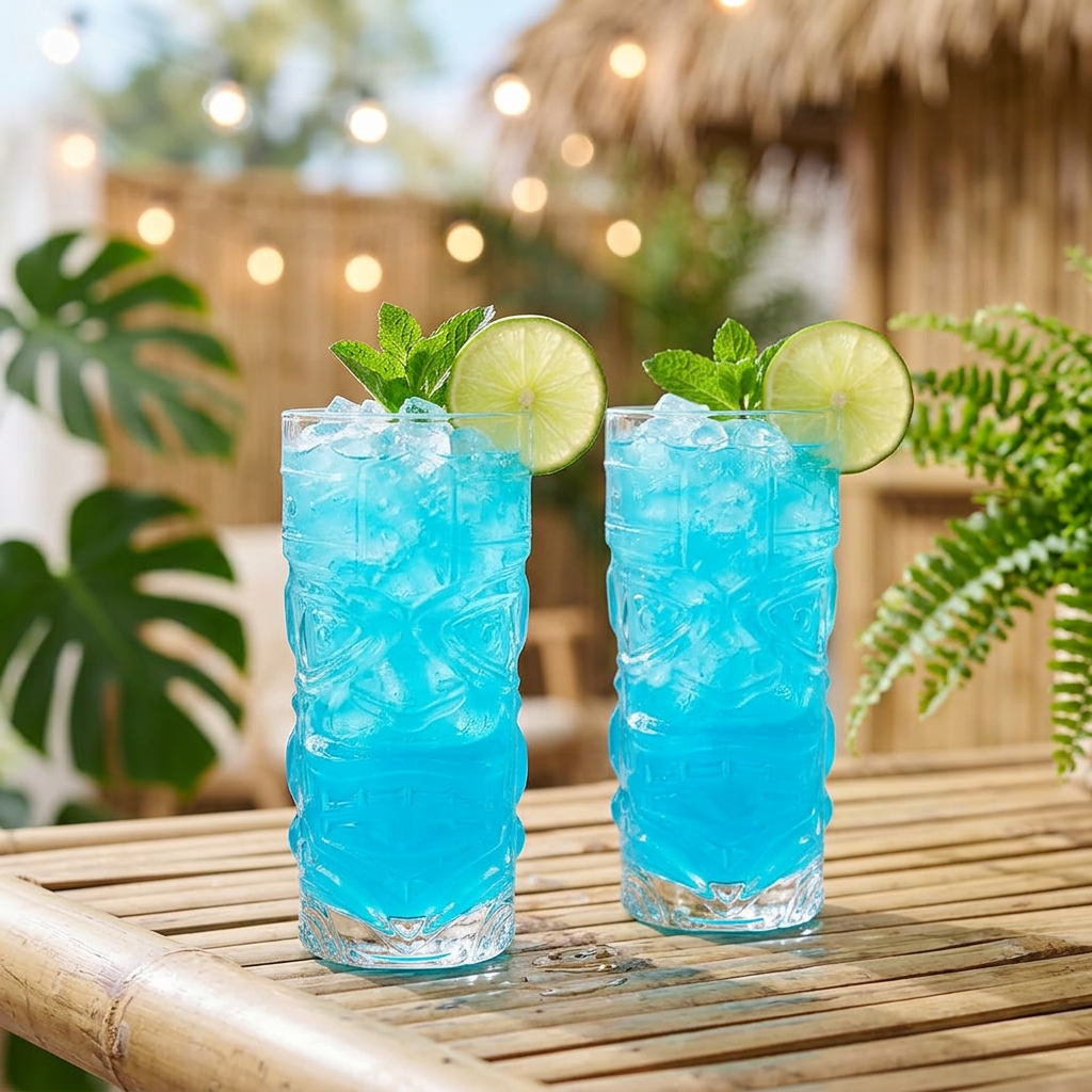Clear tiki glass filled with blue lagoon cocktail garnished with lime and mint, outdoor tropical patio setting with string lights bokeh