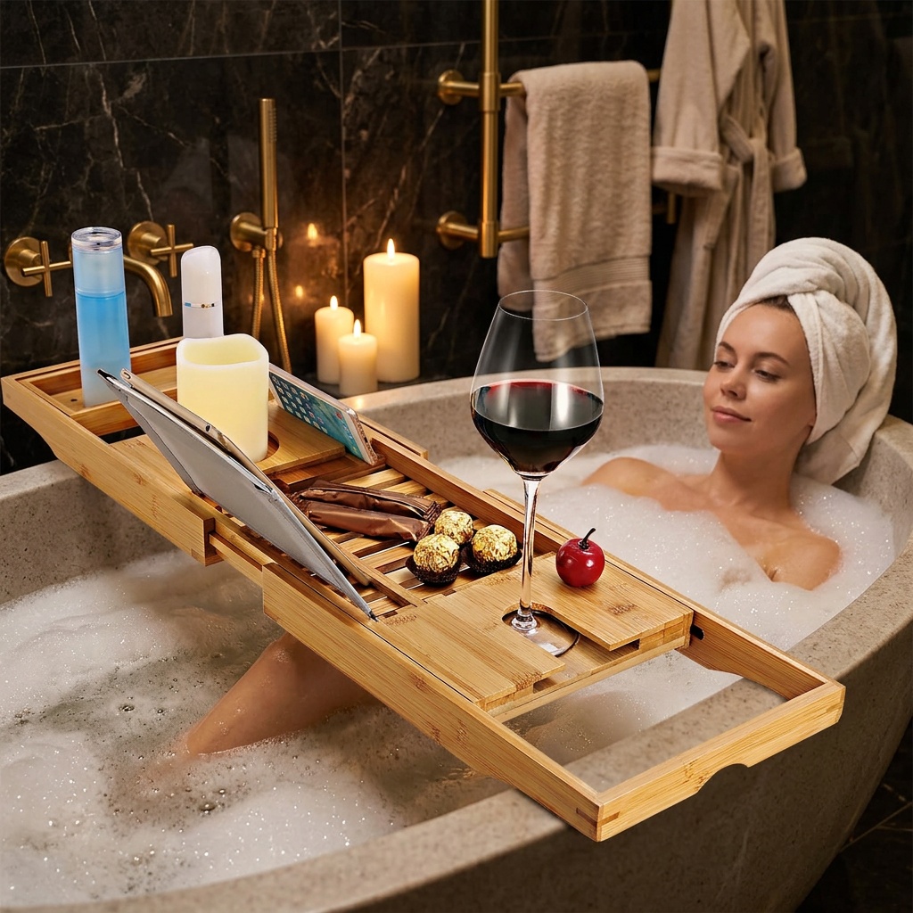 Bamboo Extendable Bath Caddy Tray with wine glass across soaking tub - luxury bathroom lifestyle | JKB Luxury Collections