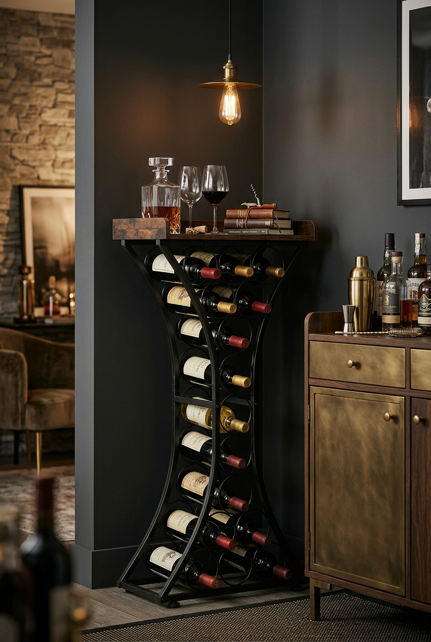 Black metal wine rack styled in a luxury home bar corner with wine bottles – freestanding display rack