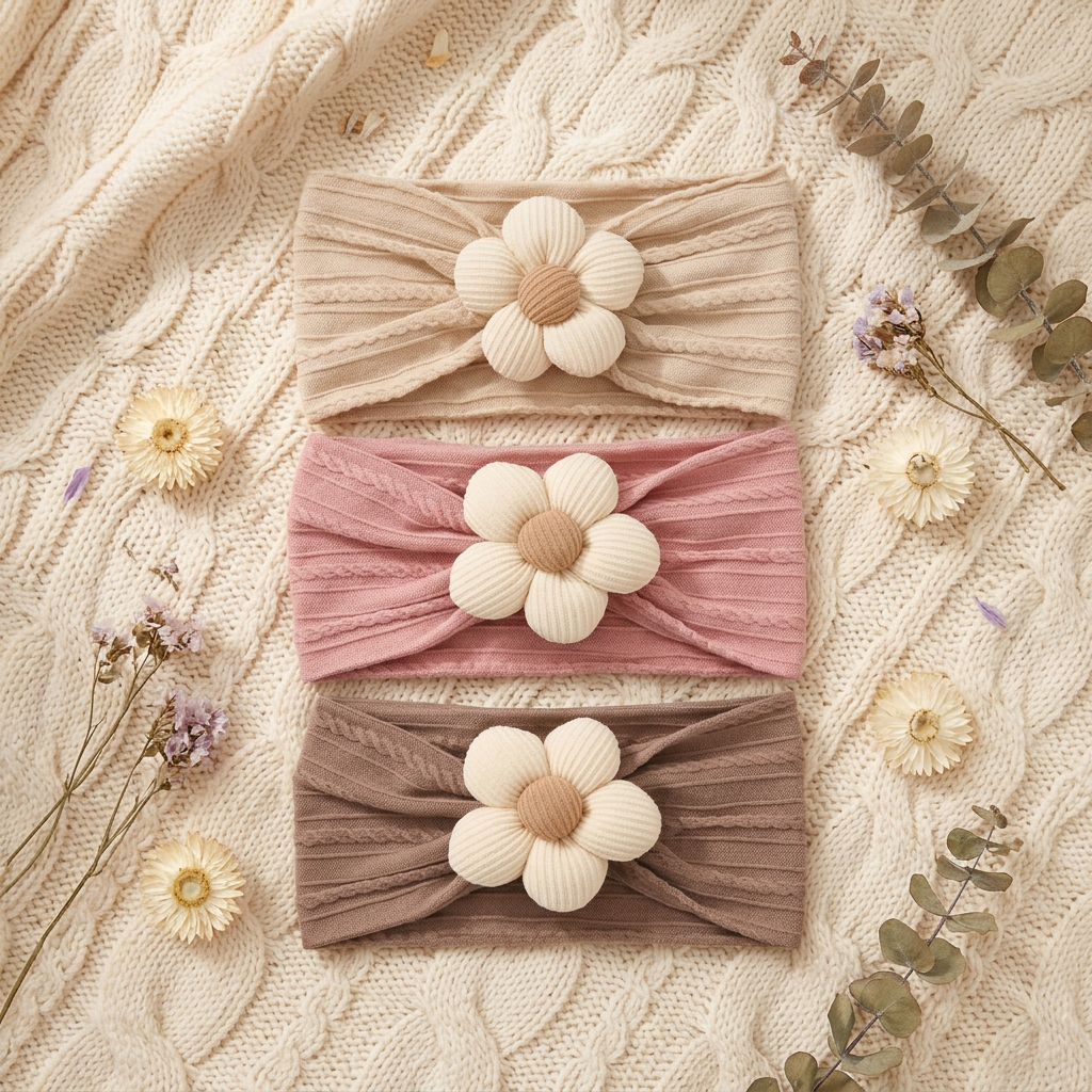 Three twisted knit baby headbands on cream knit blanket with wildflowers flatlay