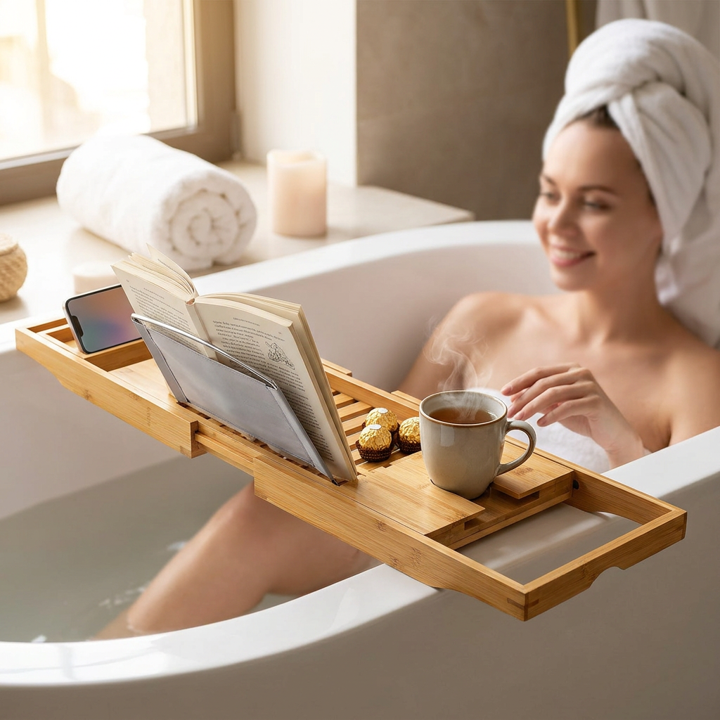 Bamboo Bath Caddy with book on tablet stand, phone in slot and steaming tea | JKB Luxury Collections