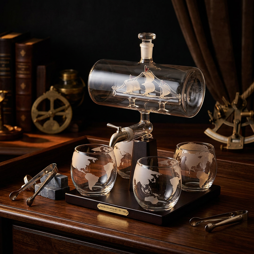 Sailing ship glass decanter with globe glasses on dark moody background