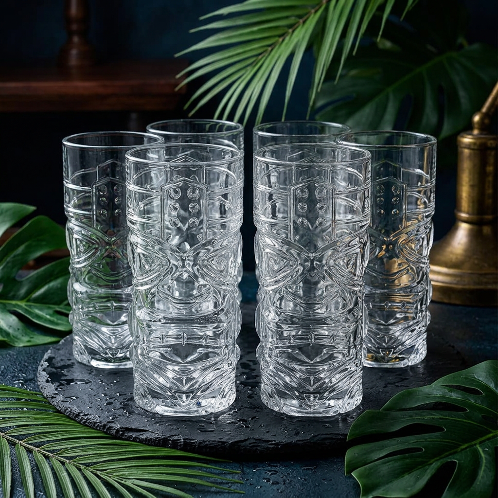Clear tiki glasses with embossed tiki face design displayed on dark slate with tropical palm leaves and dramatic moody bar lighting