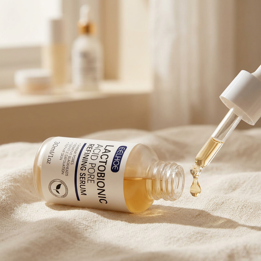 EELHOE Pore Refining Serum dropper close-up detail shot on cream linen