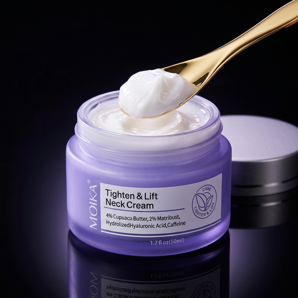 MOIKA neck cream open jar with gold spatula showing rich white cream texture on black lacquer