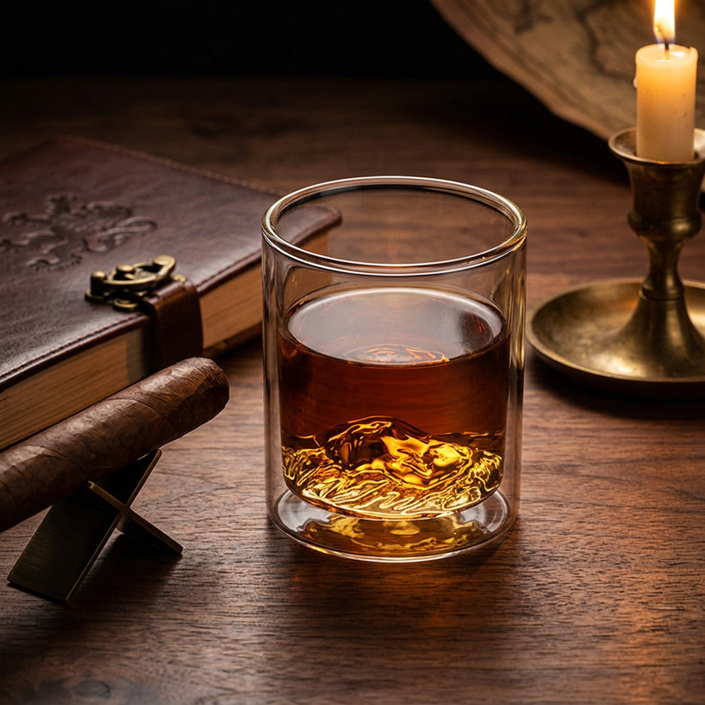 LION double-wall borosilicate whiskey glass on walnut wood with leather book and cigar