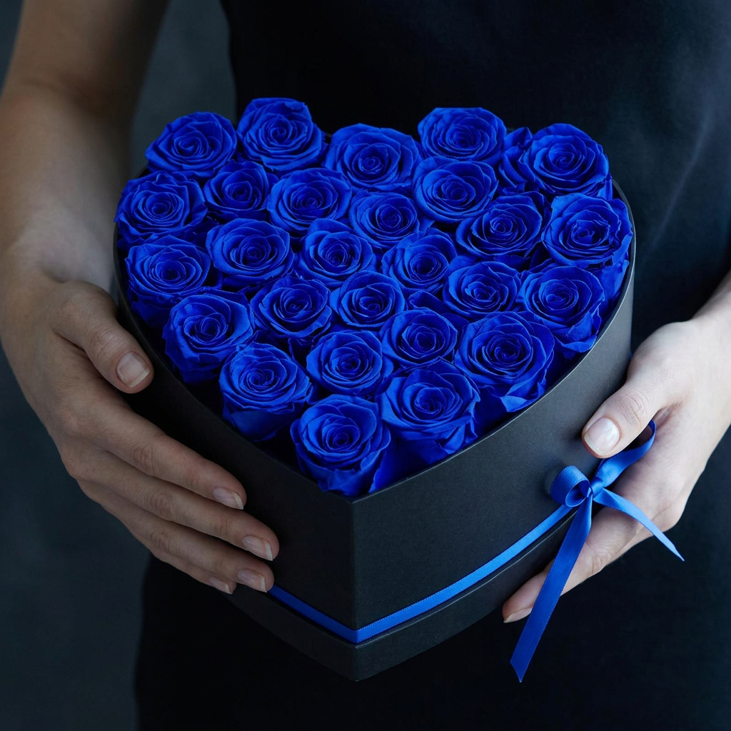 Hands holding heart-shaped black gift box with 27 preserved blue roses – mysterious intimate gifting moment