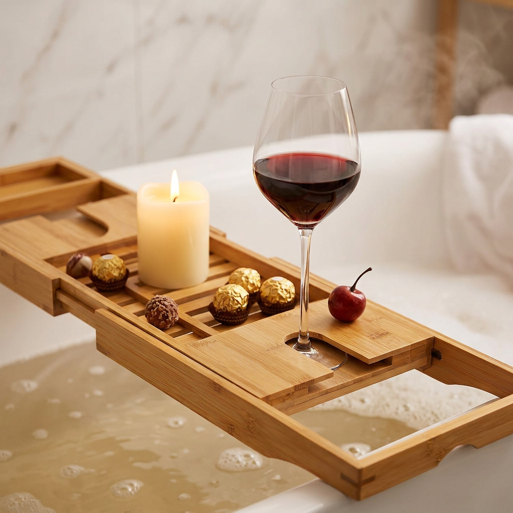 Close-up of Bamboo Bath Caddy wine glass holder with red wine, candle and chocolates | JKB Luxury Collections
