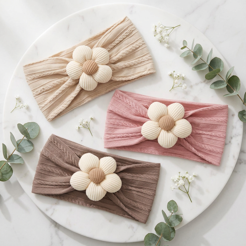 Three twisted knit baby headbands on white marble with eucalyptus styling