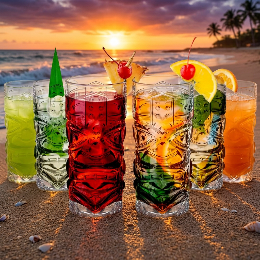 Clear Tiki Glasses Set of 6 filled with colorful tropical cocktails on a tropical beach with golden sunset in the background