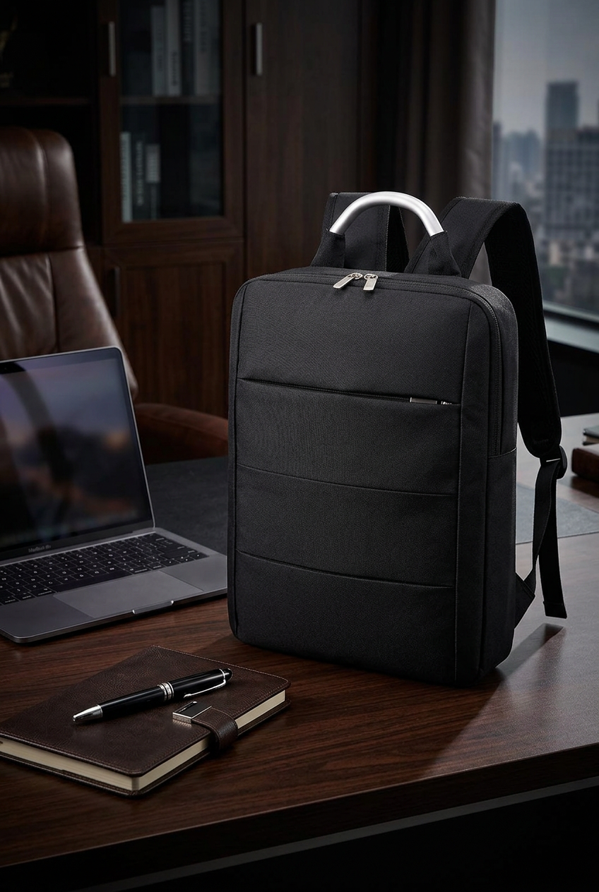 Men's black business backpack on dark mahogany desk with MacBook, leather notebook and pen