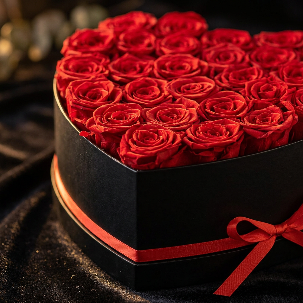 Macro close-up of 27 preserved red roses in heart-shaped black box – velvety petals, dramatic side lighting