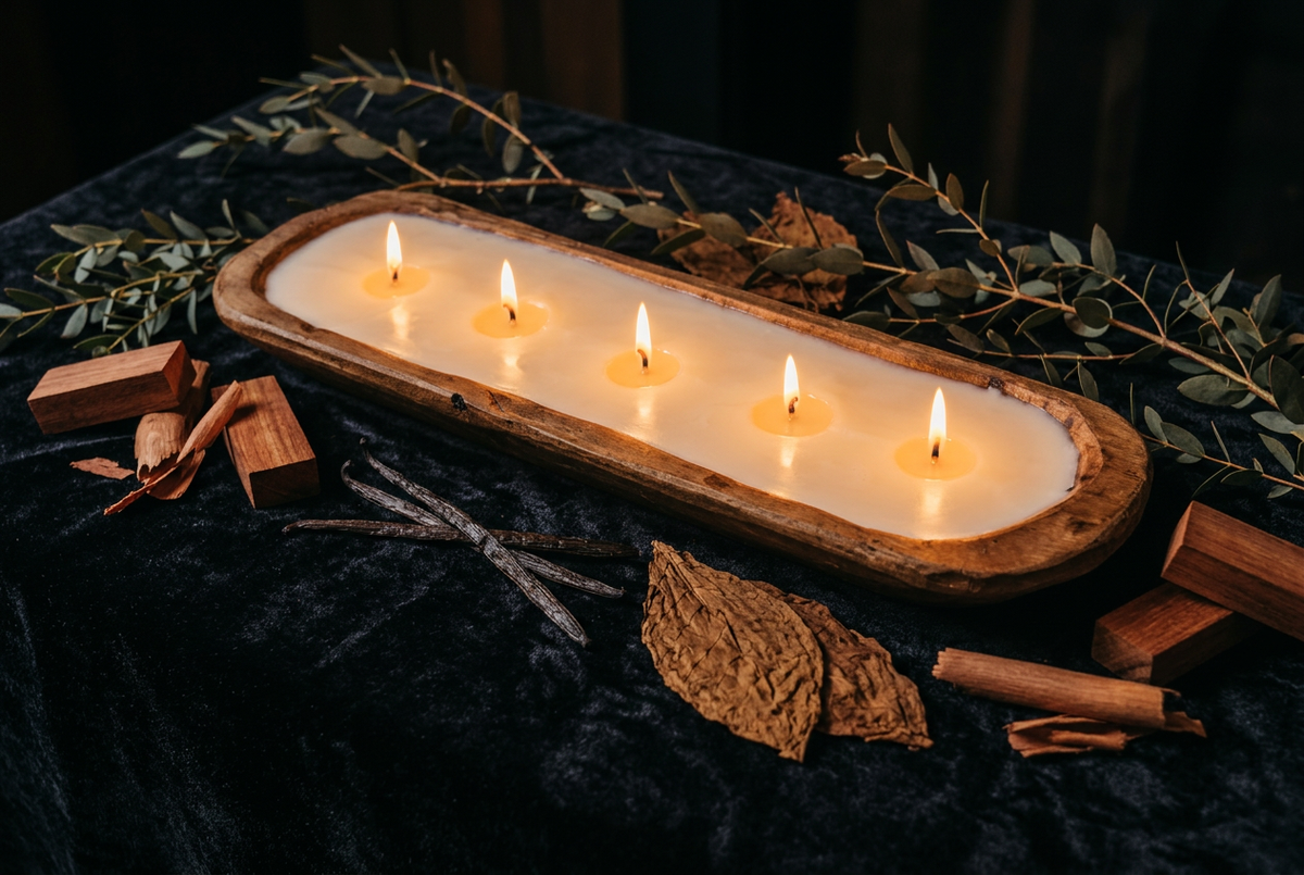 5-wick Humidor candle on dark velvet with vanilla pods, tobacco leaves and mahogany wood