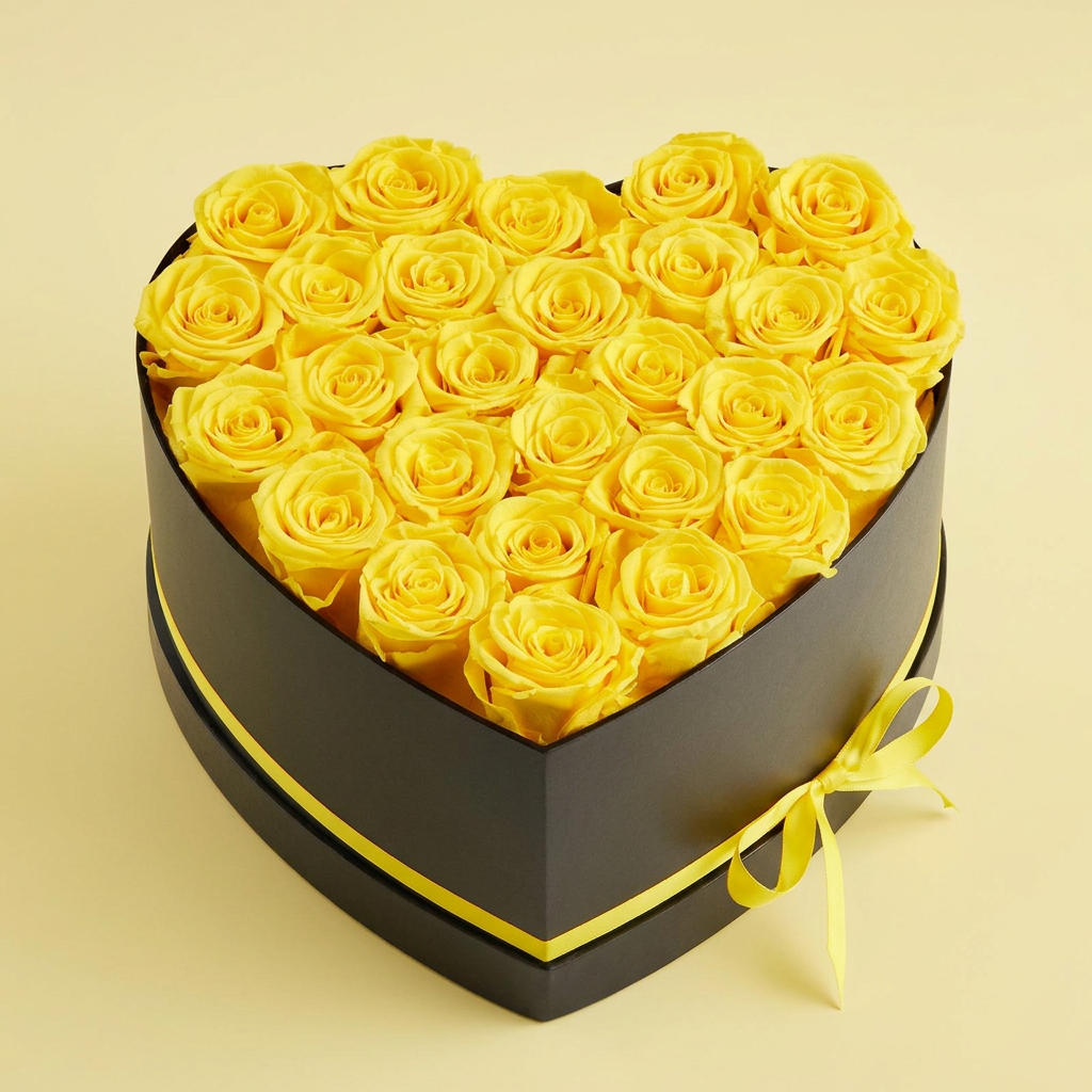 Compact heart-shaped black box with 27 preserved yellow roses against pastel yellow background – minimalist luxury product shot