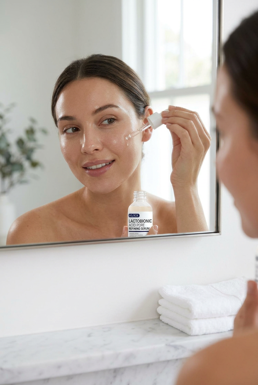 Woman applying EELHOE pore refining serum lifestyle shot