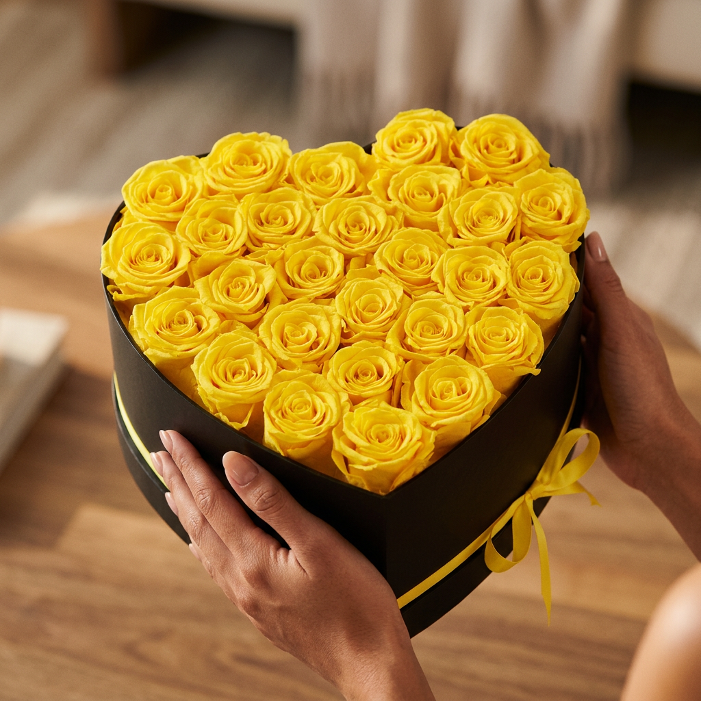Hands holding a compact heart-shaped black box with 27 preserved yellow roses – luxury gifting moment