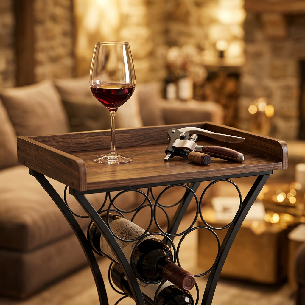 Close-up of wine rack circular ring holders and walnut wood top platform with wine glass and corkscrew