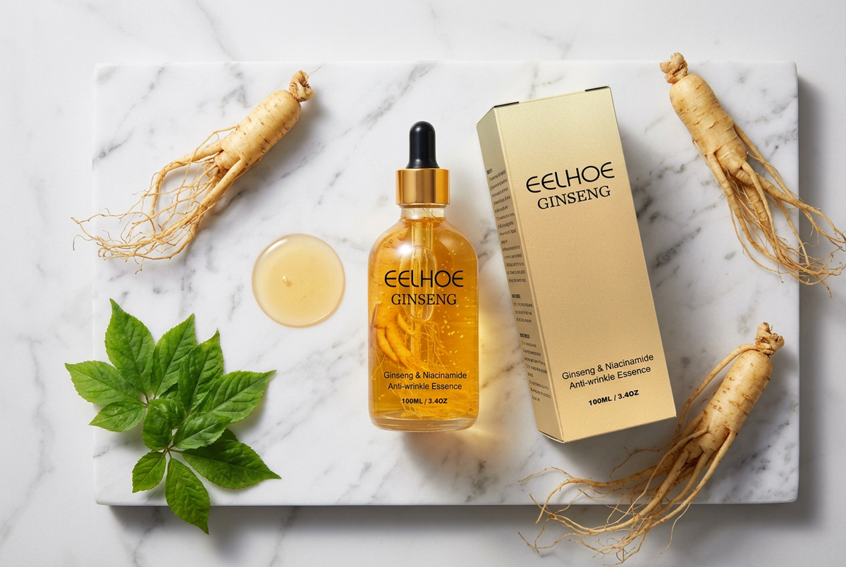 Ginseng & Niacinamide Anti-Aging Essence Serum - White Marble Flat Lay