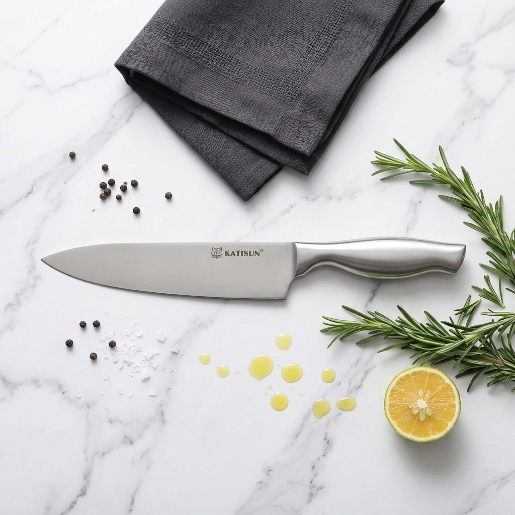 Professional Stainless Steel Knife Block Set - White Marble Flat Lay