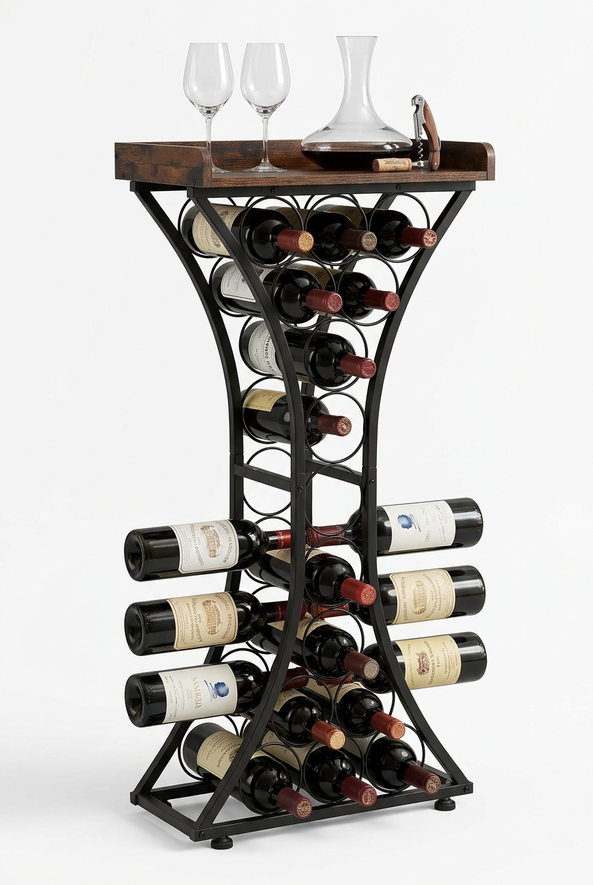 15-bottle freestanding wine rack with hourglass silhouette and dark walnut top – JKB Luxury Collections