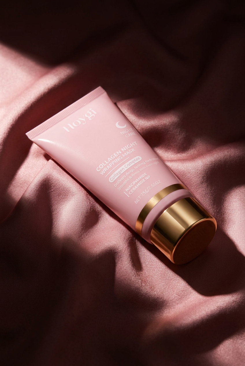 Hoygi Collagen Night Wrapping Mask on crushed blush satin with dramatic side lighting