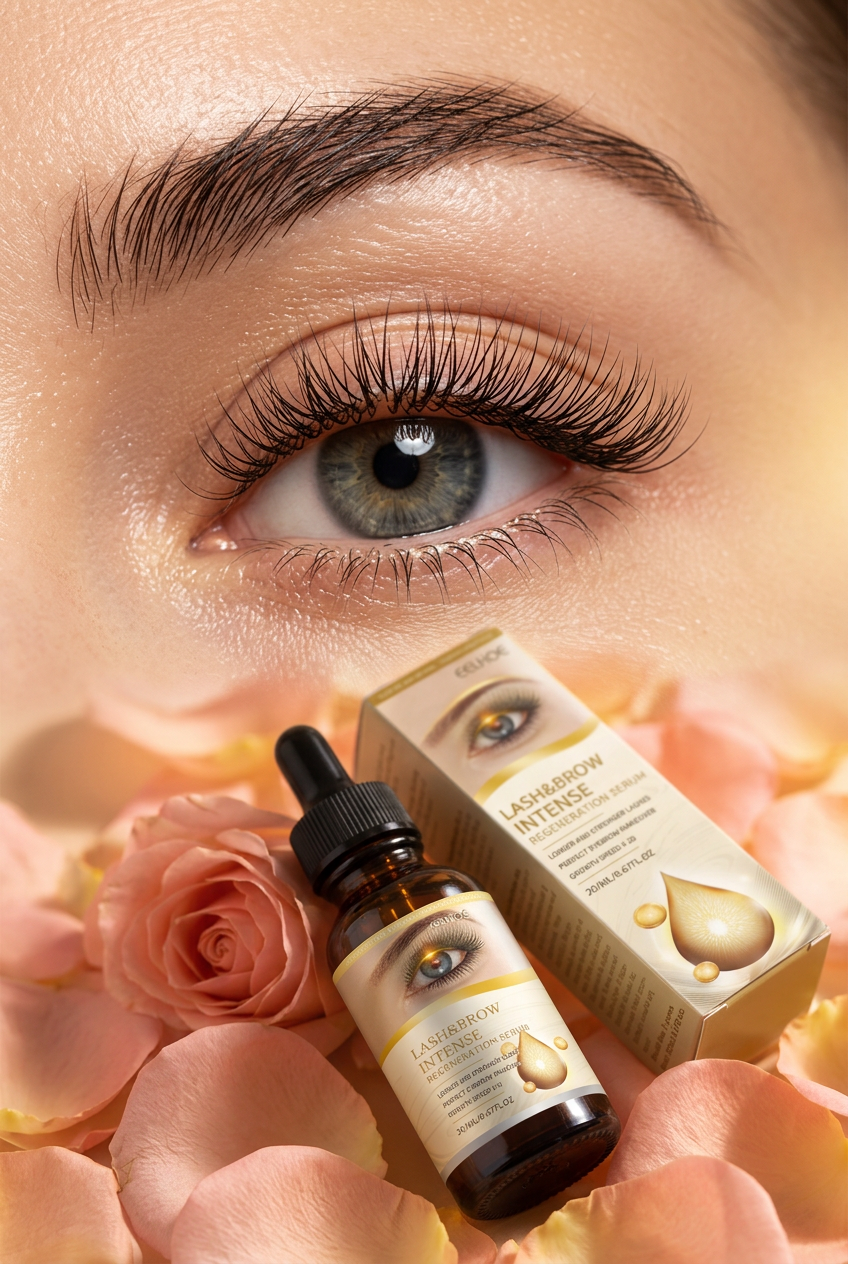 Macro close-up of long lashes with EELHOE serum bottle on rose petals