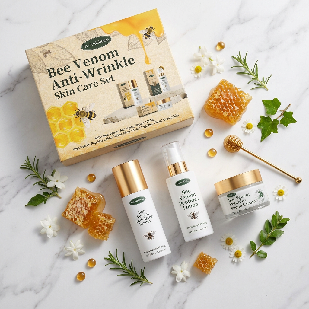 Bee Venom Anti-Wrinkle Skincare Set on marble flatlay with honeycomb props