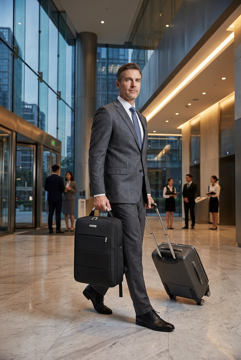 Man in tailored charcoal suit wearing black business backpack walking through glass office lobby
