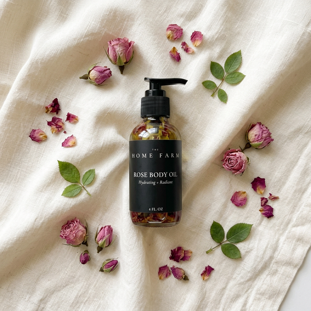 The Home Farm Rose Body Oil flat lay on cream linen with dried rose buds – clean organic skincare