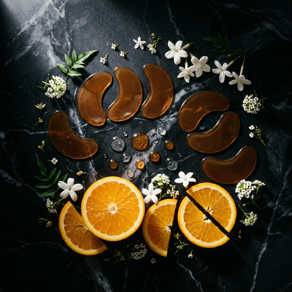 Vitamin C under-eye patches flat lay on black marble with orange botanicals