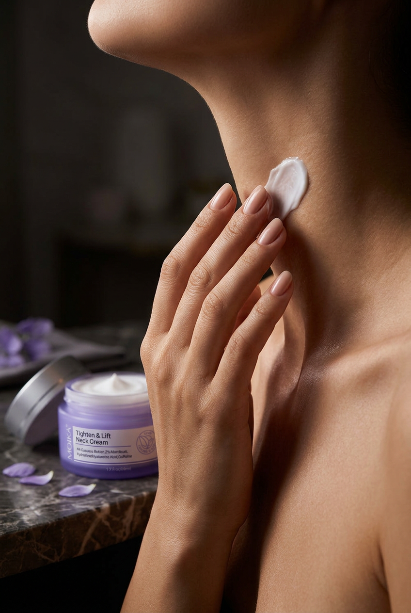 Elegant hand applying MOIKA neck cream to neck skin, luxury editorial portrait