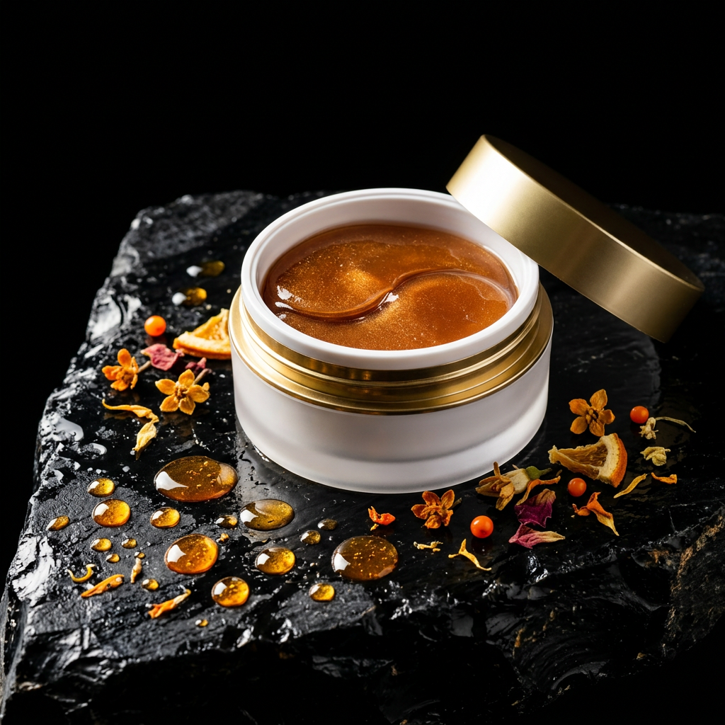 Open white jar of amber Vitamin C hydrogel eye patches on dark obsidian surface