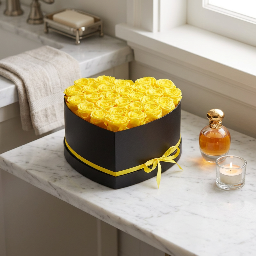 27 preserved yellow roses in compact heart-shaped black gift box on marble vanity with candlelight – JKB Luxury Collections