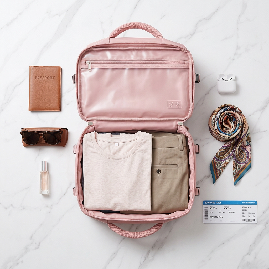Open pink travel backpack flat lay with passport, sunglasses, scarf and travel essentials