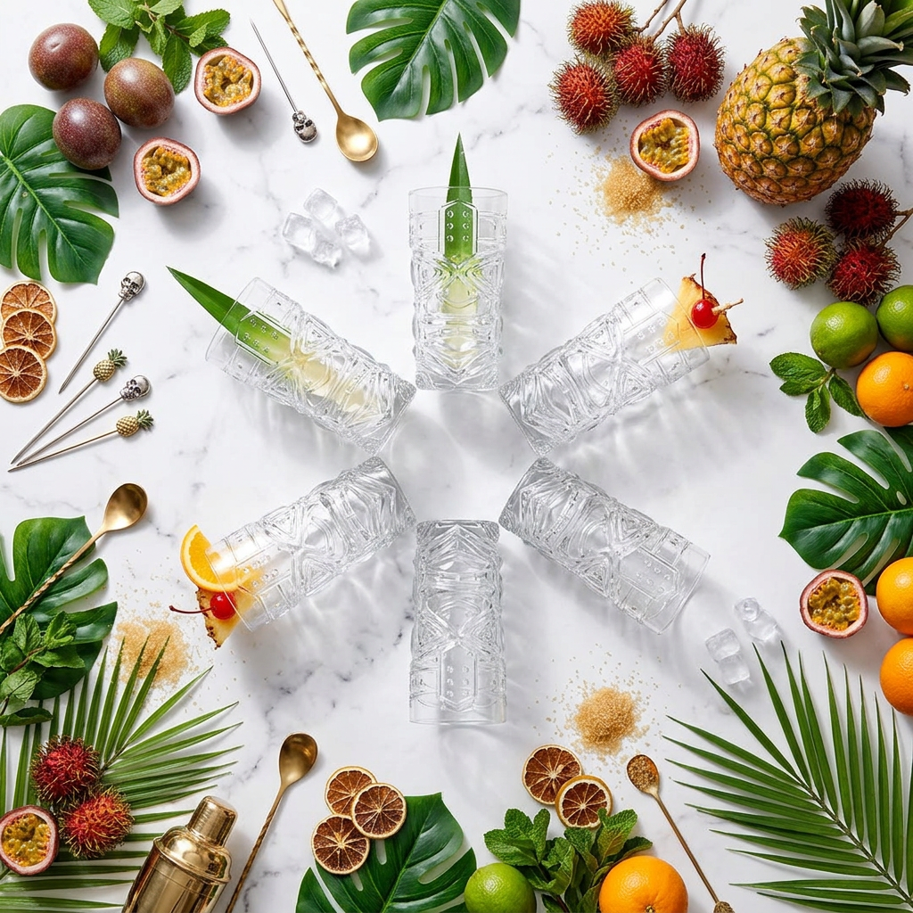 Flat lay overhead of 6 clear tiki glasses arranged in a circle on white marble with tropical fruits, cocktail garnishes, and green leaves
